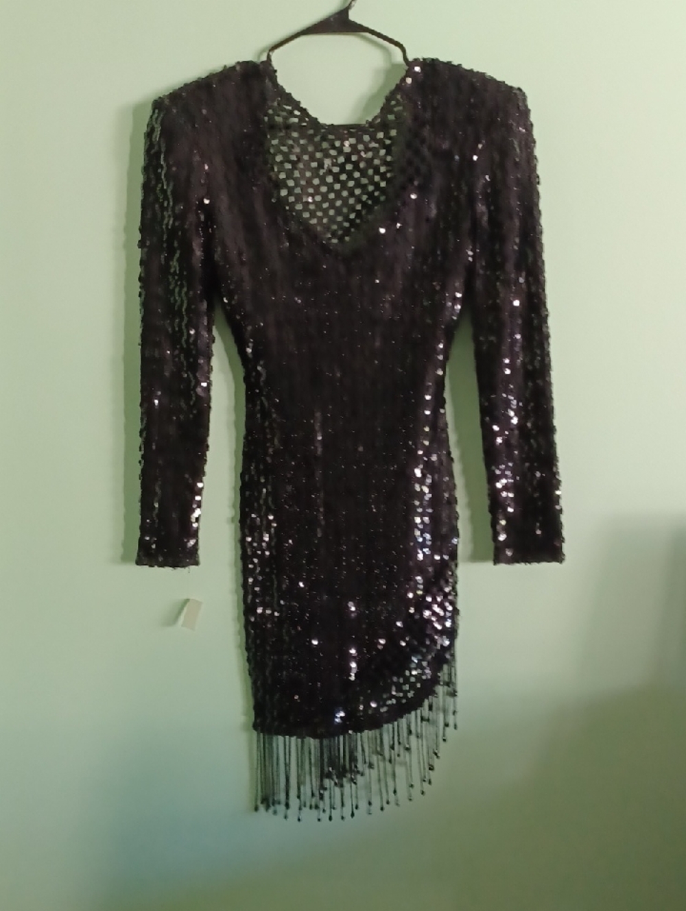 Black Sequin Long-Sleeve Fringe Cocktail Dress